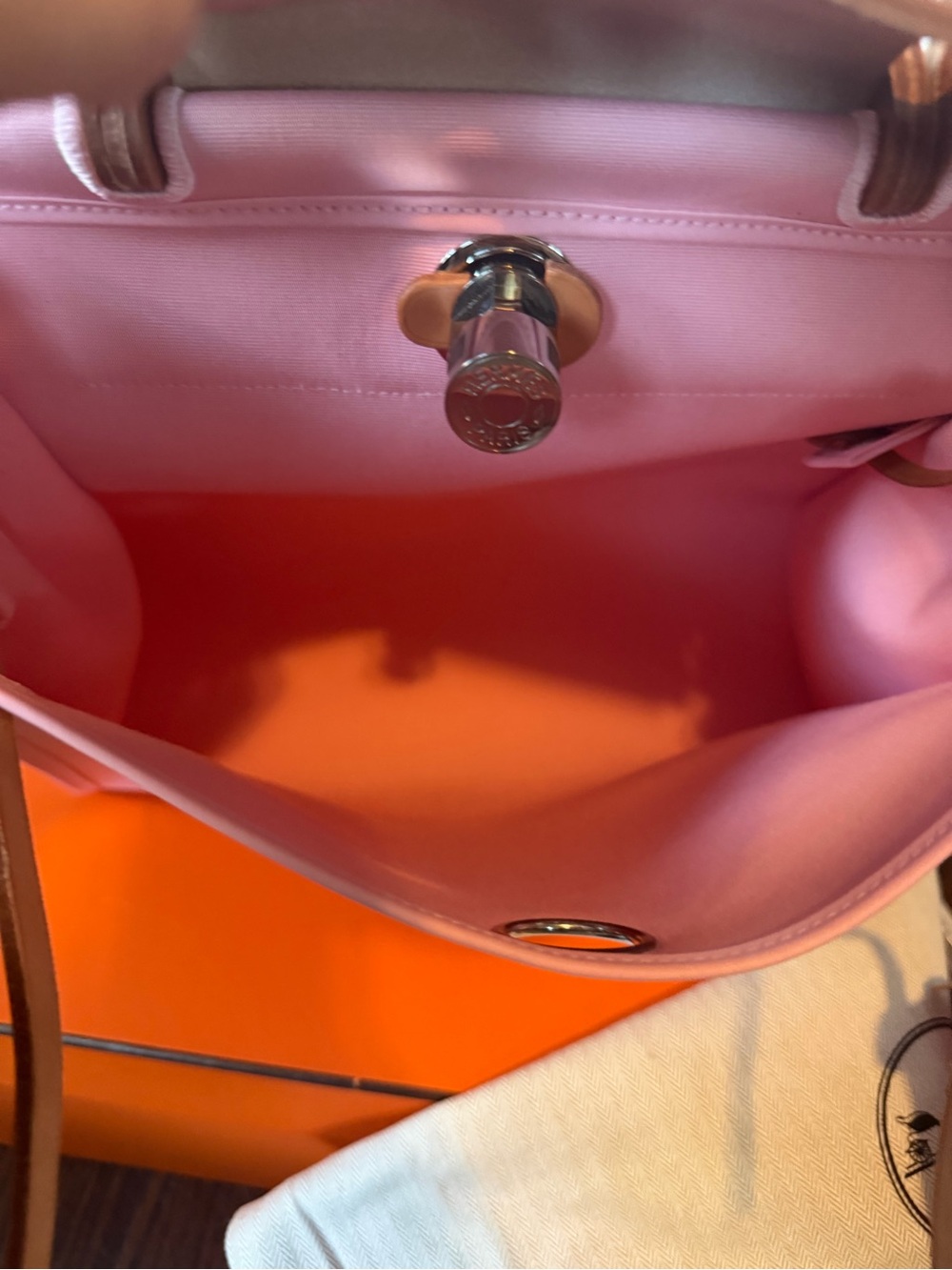 BRAND NEW! Hermès Herbag Zip PM two-way handbag. Pink canvas/brown leather. - Picture 7 of 9
